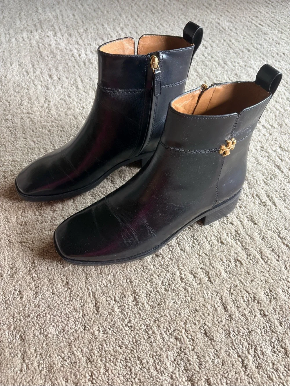 Tory Burch Black Leather Ankle Booties with Gold Logo Stud